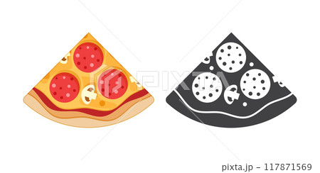 Piece of pizza icon in flat style. Pepperoni slice food vector illustration on isolated background. Pizzeria sign business concept. Piece of pizza icon in flat style. Pepperoni slice food vector illustration on isolated background. Pizzeria sign business concept. 117871569