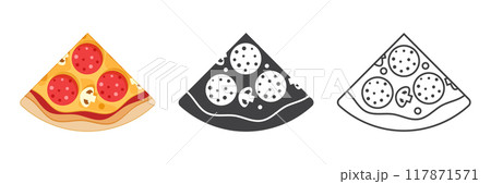 Piece of pizza icons set in flat style. Pepperoni slice food vector illustration on isolated background. Pizzeria sign business concept. Piece of pizza icons set in flat style. Pepperoni slice food vector illustration on isolated background. Pizzeria sign business concept. 117871571