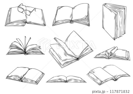 Open Books, Hand drawn Line Sketch Illustration Bundle 117871832