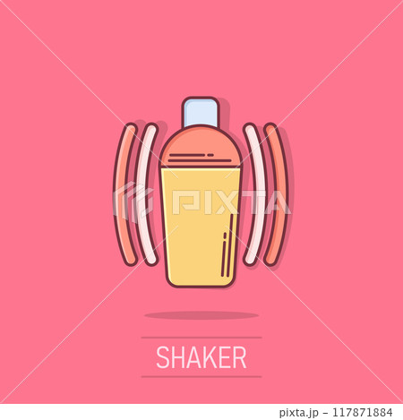 Shaker cocktail icon in comic style. Alcohol bottle cartoon vector illustration on white isolated background. Bar drink splash effect business concept. 117871884