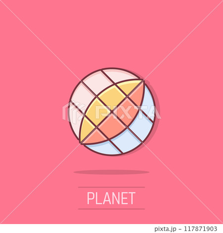 Earth planet icon in comic style. Globe geographic cartoon vector illustration on isolated background. Global communication splash effect business concept. 117871903