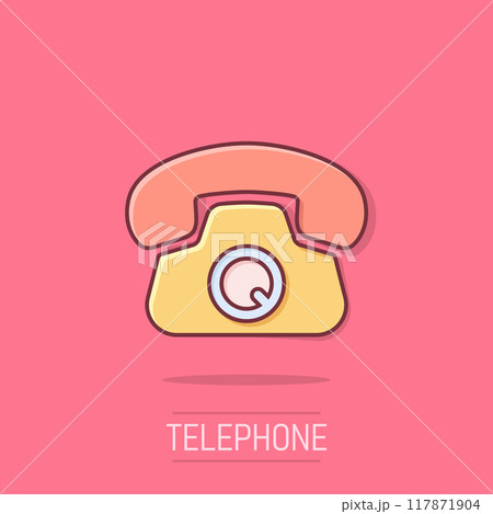 Mobile phone icon in comic style. Telephone talk cartoon vector illustration on isolated background. Hotline contact splash effect business concept. 117871904