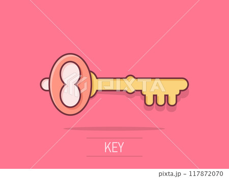 Key icon in comic style. Password cartoon vector illustration on white isolated background. Access splash effect business concept. Key icon in comic style. Password cartoon vector illustration on white isolated background. Access splash effect business concept. 117872070