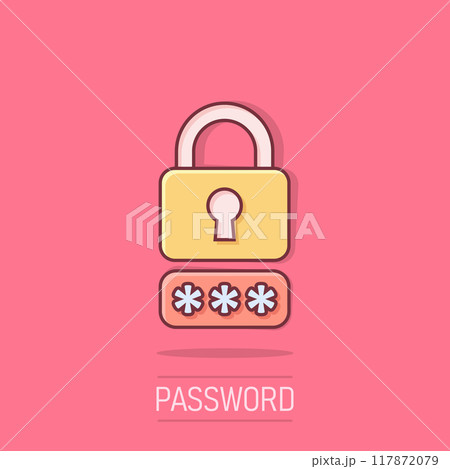 Login icon in comic style. Password access cartoon vector illustration on white isolated background. Padlock entry splash effect business concept. Login icon in comic style. Password access cartoon vector illustration on white isolated background. Padlock entry splash effect business concept. 117872079