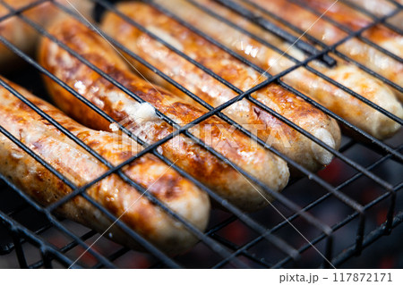 Grilled Sausages Sizzling on a Hot Summer Day Grilled Sausages Sizzling on a Hot Summer Day 117872171