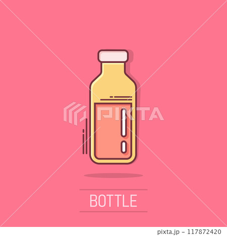 Bottle milk icon in comic style. Flask cartoon vector illustration on white isolated background. Drink container splash effect business concept. Bottle milk icon in comic style. Flask cartoon vector illustration on white isolated background. Drink container splash effect business concept. 117872420