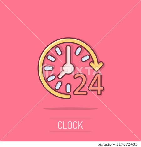 Clock icon in comic style. Watch cartoon vector illustration on isolated background. Timer splash effect business concept. 117872483