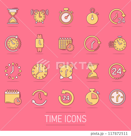 Time icon set in comic style. Agenda clock cartoon vector illustration on isolated background. Sandglass, wristwatch timer splash effect business concept. Time icon set in comic style. Agenda clock cartoon vector illustration on isolated background. Sandglass, wristwatch timer splash effect business concept. 117872511