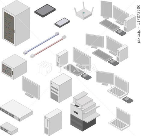 アイソメトリックなパソコンや周辺機器の素材セット（線あり） 117872580