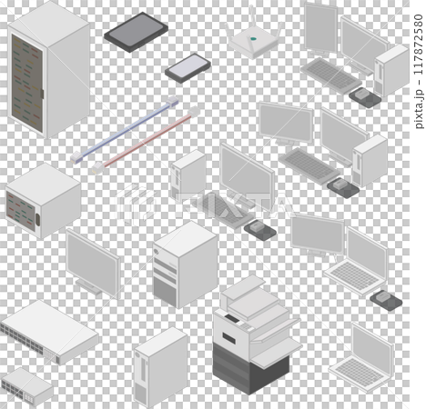 アイソメトリックなパソコンや周辺機器の素材セット（線あり） 117872580