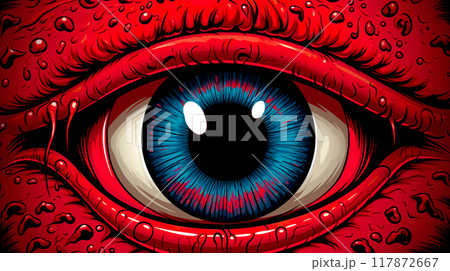 赤い肌と青い瞳のモンスターの目元のクローズアップのイラスト 赤い肌と青い瞳のモンスターの目元のクローズアップのイラスト 117872667