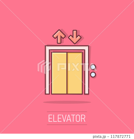 Elevator icon in comic style. Lift cartoon vector illustration on white isolated background. Passenger transportation splash effect business concept. 117872771