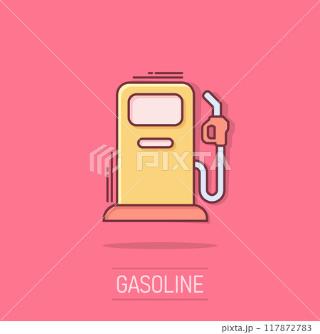 Fuel pump icon in comic style. Gas station cartoon sign vector illustration on white isolated background. Petrol splash effect business concept. Fuel pump icon in comic style. Gas station cartoon sign vector illustration on white isolated background. Petrol splash effect business concept. 117872783