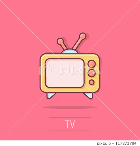 Tv icon in comic style. Television cartoon sign vector illustration on white isolated background. Video channel splash effect business concept. 117872784