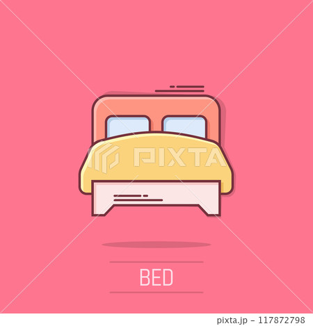 Bed icon in comic style. Bedroom cartoon sign vector illustration on white isolated background. Bedstead splash effect business concept. 117872798