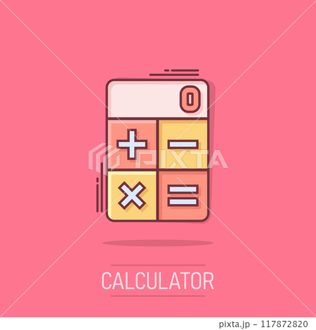 Calculator icon in comic style. Calculate cartoon vector illustration on isolated background. Calculation splash effect business concept. 117872820