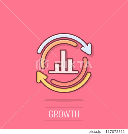 Growing bar graph icon in comic style. Increase arrow cartoon vector illustration on isolated background. Infographic progress splash effect business concept. 117872831
