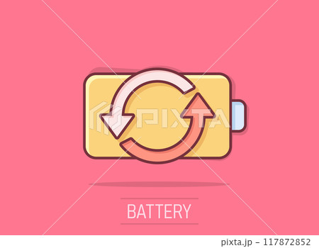 Battery charge icon in comic style. Power level cartoon vector illustration on isolated background. Lithium accumulator splash effect business concept. 117872852