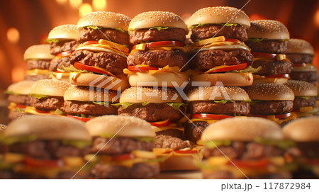 肉厚で具沢山の大量のハンバーガー 117872984