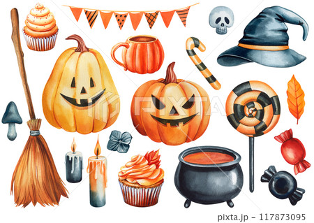 Halloween set Pumpkin, broom, sorcerer's hat, candy, cauldron, candle and sweet isolated Watercolor hand drawing clipart Halloween set Pumpkin, broom, sorcerer's hat, candy, cauldron, candle and sweet isolated Watercolor hand drawing clipart 117873095
