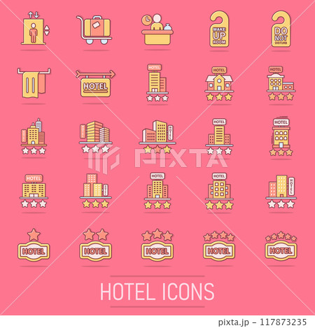 Hotel icon set in comic style. Booking cartoon vector illustration on isolated background. Vacation reservation splash effect business concept. 117873235