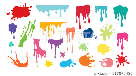 Color paint splash, splatter, blobs set. Multicolor splashes isolated on white background. Vector illustration 117873456