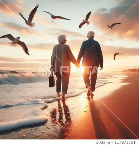 海に沈む夕日と恋人のシルエット 117873551