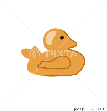 Rubber duck in a flat style. Design of simple shape for bathroom themed, children illustration or playful decorative elements. Vector isolated on a white background. 117873931