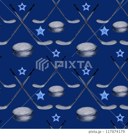 crossed sticks and a puck, blue textured watercolor stars, seamless pattern, hand drawn watercolor sketch of ice sport theme, for hockey matches decoration on blue background crossed sticks and a puck, blue textured watercolor stars, seamless pattern, hand drawn watercolor sketch of ice sport theme, for hockey matches decoration on blue background 117874179