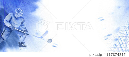 horizontal template with hockey players in action with sticks, puck, blue splashes, blue and white background, hand drawn watercolor sketch of ice sport theme, for hockey tickets, matches decoration horizontal template with hockey players in action with sticks, puck, blue splashes, blue and white background, hand drawn watercolor sketch of ice sport theme, for hockey tickets, matches decoration 117874215