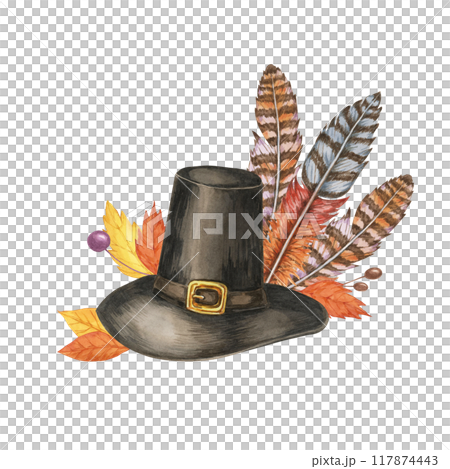 Pilgrim hat with turkey feathers, placed next to two pumpkins, one orange, the other purple. Isolated Watercolor illustration for autumn or Thanksgiving invitations, greeting cards, or merchandise Pilgrim hat with turkey feathers, placed next to two pumpkins, one orange, the other purple. Isolated Watercolor illustration for autumn or Thanksgiving invitations, greeting cards, or merchandise 117874443