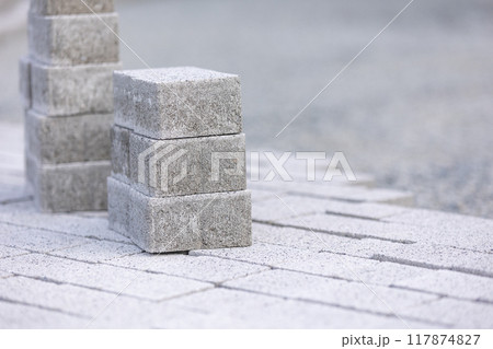 Detail to interlocking paving ready for new path pavement, building concept 117874827