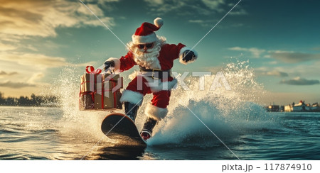 Santa claus is surfing on a wakeboard holding christmas presents 117874910