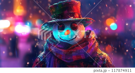 Snowman wearing top hat and scarf enjoying winter night lights 117874911