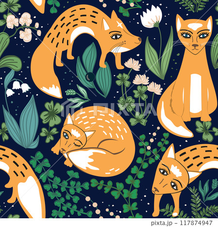 Cute stylish little foxes in fairy meadow grass. Baby seamless pattern for posters, fabric prints and postcards. Vector illustration. Cute stylish little foxes in fairy meadow grass. Baby seamless pattern for posters, fabric prints and postcards. Vector illustration. 117874947