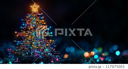 Abstract technological christmas tree shining with light connections on blue background 117875001