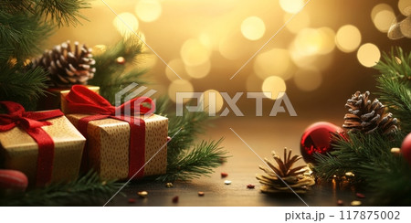 Christmas gifts wrapped with red ribbon resting under christmas tree with twinkle lights 117875002