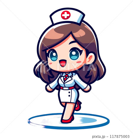 二頭身の白衣を着た看護師さんのイラスト 117875003