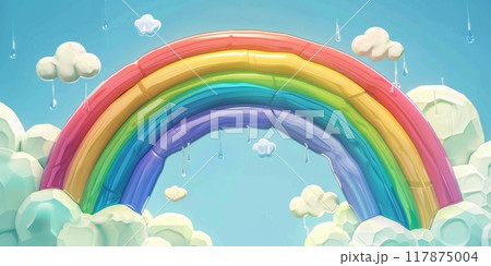 Colorful rainbow appearing in cloudy sky with raindrops falling down 117875004