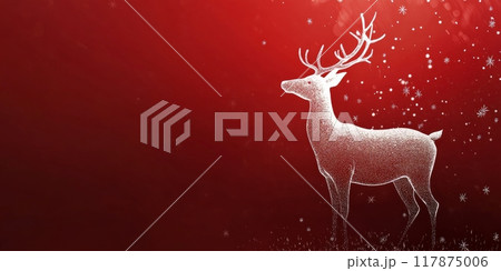 Christmas reindeer standing on red background with falling snow 117875006