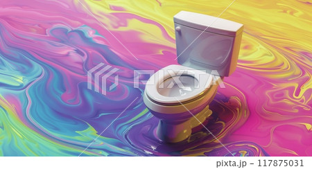 White toilet bowl standing on colorful swirl background White toilet bowl standing on colorful swirl background 117875031