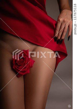 the body of a woman in a red dress and a red rose between her legs the body of a woman in a red dress and a red rose between her legs 117875118