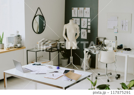 High angle shot of cozy and spacious fully equipped atelier High angle shot of cozy and spacious fully equipped atelier 117875291