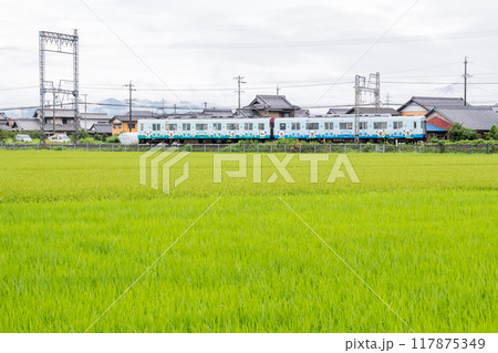 【山田線】雨の田園風景を走行する普通列車 117875349