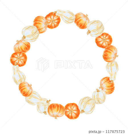 Orange and white pumpkins. Round frame with fall vegetables for banner template with copy space for text Halloween, Thanksgiving, harvest clip art. Hand drawn watercolor rustic isolated illustration Orange and white pumpkins. Round frame with fall vegetables for banner template with copy space for text Halloween, Thanksgiving, harvest clip art. Hand drawn watercolor rustic isolated illustration 117875723