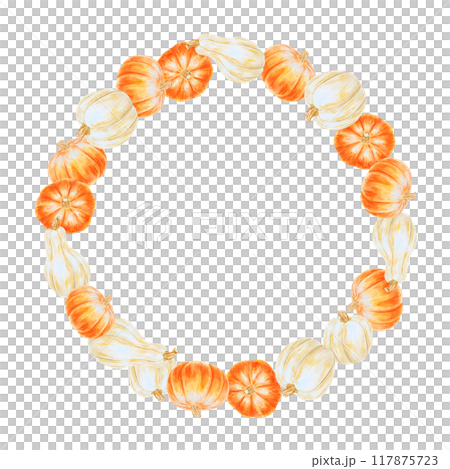 Orange and white pumpkins. Round frame with fall vegetables for banner template with copy space for text Halloween, Thanksgiving, harvest clip art. Hand drawn watercolor rustic isolated illustration Orange and white pumpkins. Round frame with fall vegetables for banner template with copy space for text Halloween, Thanksgiving, harvest clip art. Hand drawn watercolor rustic isolated illustration 117875723