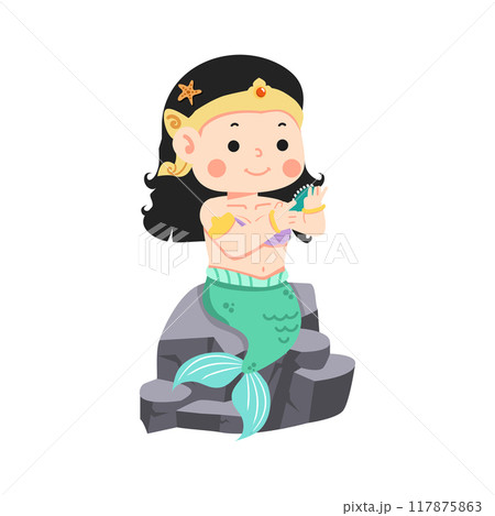 Cartoon kid girl mermaid Sitting On A Rock 117875863