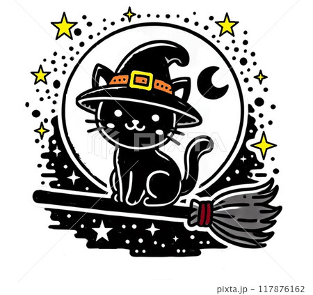 【Halloween】箒に乗って空を飛ぶ黒猫　月夜　モノクロ 117876162