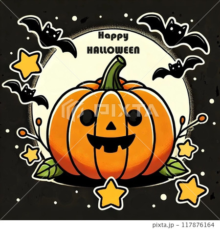 【Halloween】ポップなカボチャ　かわいいジャックオーランタン　黒文字入り 117876164