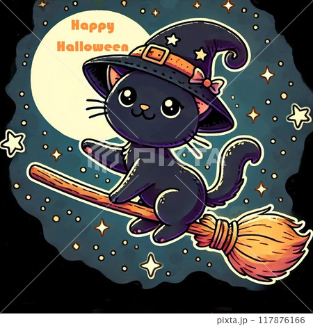 【Halloween】箒にまたがって空を飛ぶ黒猫のイラスト　オレンジ文字入り 117876166